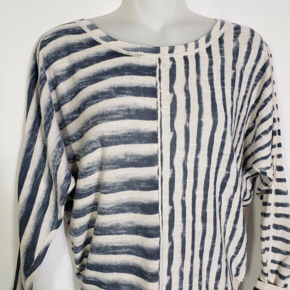 DKNY Jeans Petites Womens Size PS Top 100% Cotton Striped Blue Beige Dolman - Picture 3 of 9